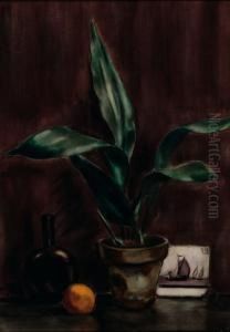 A Still Life With A Plant And An Orange On A Table by Henri Le Fauconnier