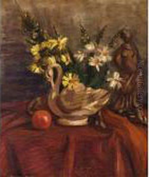 Still Life With A Sculpture And Flowers On A Draped Table - view 1