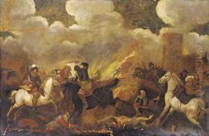 A cavalry skirmish before a castle
