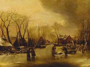 A frozen river landscape with figures cutting ice, a village beyond by Jan Van De Cappelle