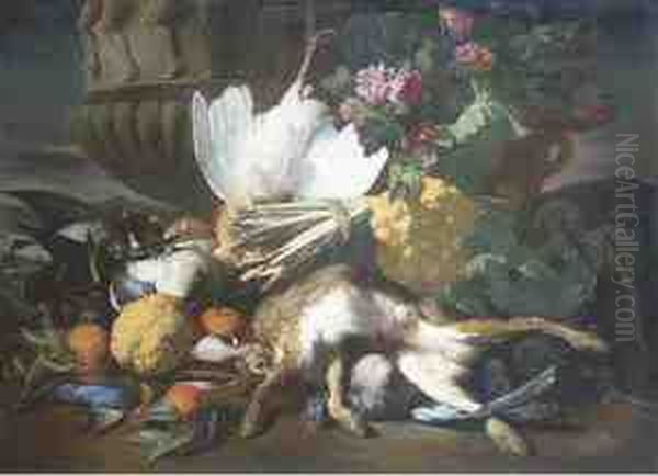 Gibier, Bouquet De Fleurs,
Chou-fleur, Cedrat, Asperges, Artichautset Oranges Devant Une Urne
Sculptee Sur Un Fond De Paysage - view 1