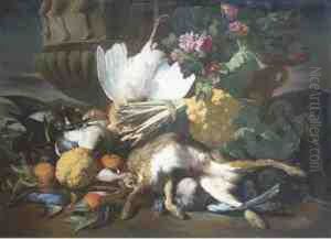 Gibier, Bouquet De Fleurs, 
Chou-fleur, Cedrat, Asperges, Artichautset Oranges Devant Une Urne 
Sculptee Sur Un Fond De Paysage by Louis Joseph Le Lorrain