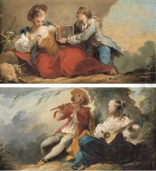 L'oiseau Prisonnier: A 
Shepherdess Being Offered A Bird Cage By Ayouth; And Le Duo: A Couple 
Making Music By A Tree - view 1