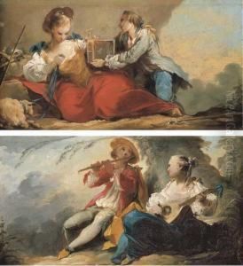 L'oiseau Prisonnier: A 
Shepherdess Being Offered A Bird Cage By Ayouth; And Le Duo: A Couple 
Making Music By A Tree by Louis Joseph Le Lorrain