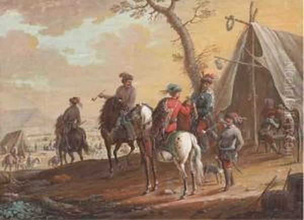 Des Cavaliers Trinquant Et Fumant Dans Un Campement Militaire - view 1