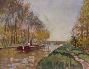 Flussufer Mit Kahnen Im Herbst by Alfred Marie Le Petit