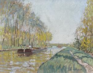 Herbstliche Flussuferpartie Mit Kahnen. by Alfred Marie Le Petit