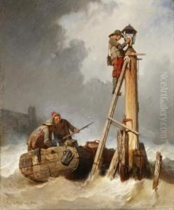 Marins Allumant Les Feux A L'entree Du Port by Eugene Lepoittevin