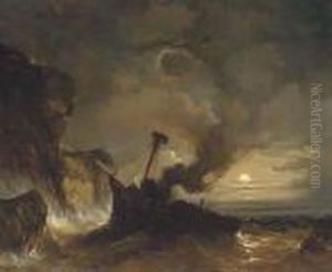 Shipwreck Off The Cliffs Of Dover At Night With Dover Castle In Thedistance by Eugene Lepoittevin
