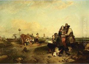 An Artist Working On A Drawing In A Rural Landscape Watched By A Peasant Family. by Eugene Lepoittevin