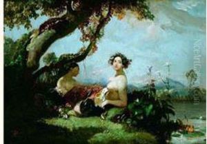 Deux Femmes Au Panier De Fleurs by Eugene Lepoittevin