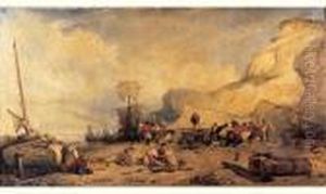 Pecheurs Halant Un Bateau A Terre, Vue Prise A Port-en-bessin by Eugene Lepoittevin