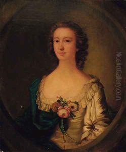 Portrait of a lady, half-length, in a white dress with a blue wrap and flowers at her corsage, feigned oval by Francis Cotes