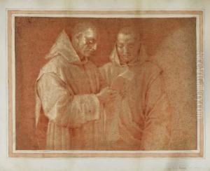 Study Of Two Standing Monks Reading by Eustache Le Sueur