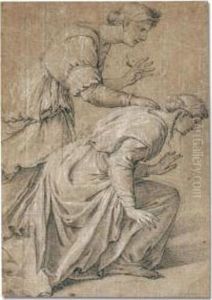 Study Of Two Women, One Standing, One Kneeling by Eustache Le Sueur
