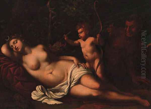 Venus sleeping in a forest with a putto holding arrows, a satyr looking on - view 1