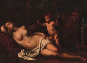 Venus sleeping in a forest with a putto holding arrows, a satyr looking on