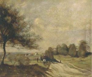 A horse and cart on a country road by Jean-Baptiste-Camille Corot