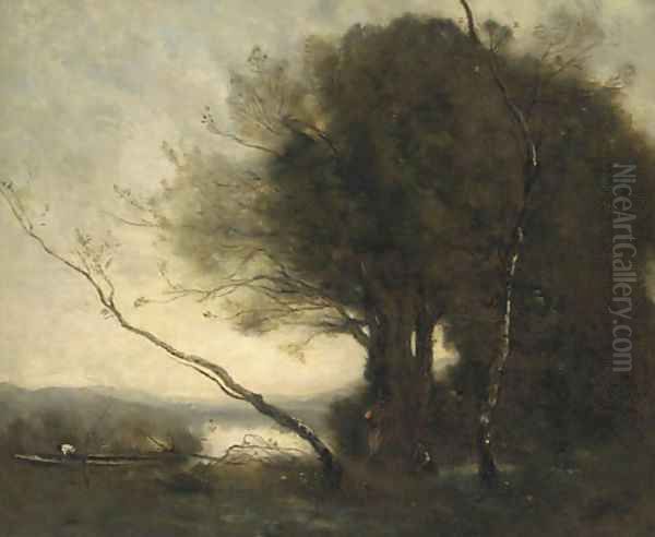 Figures working in a landscape, a lake beyond - view 1