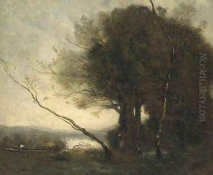 Figures working in a landscape, a lake beyond by Jean-Baptiste-Camille Corot