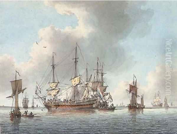 Dutch men-o'war preparing to sail from their anchorage - view 1