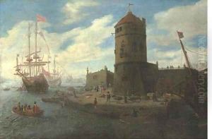 A capriccio of a Mediterranean harbour with elegant figures, three-masters beyond