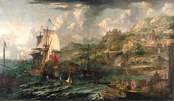 A capriccio of a Mediterranean harbour with a British man-o-war and a galley and numerous figures on a quay - view 1