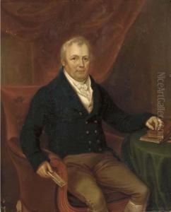 Portrait Of A Gentleman, 
Three-quarter-length, In A Blue Jacket, Seated At A Table And Holding A 
Note In His Right Hand