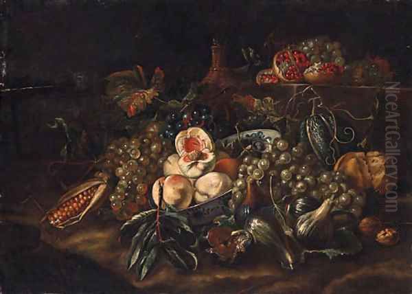 Peaches in a blue and white dish with grapes, figs, pomegranates, walnuts, sweetcorn and a carafe - view 1
