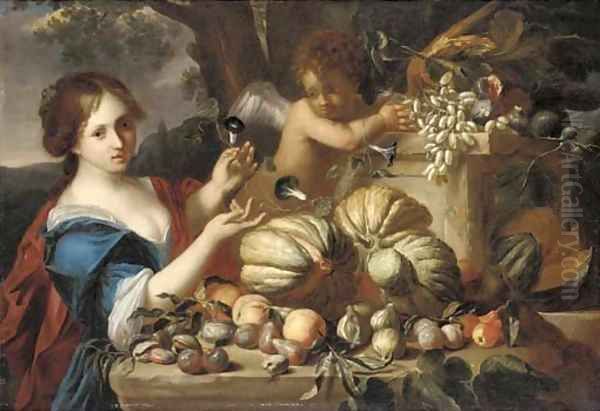Melons, grapes, plums, peaches, pears, figs and pomegranates on a ledge, with a lady in a blue dress and a putto - view 1