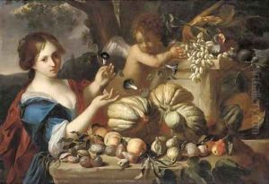 Melons, grapes, plums, peaches, pears, figs and pomegranates on a ledge, with a lady in a blue dress and a putto