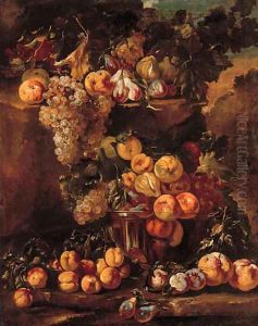 Grapes, apples, plums and figs in a glass bowl with other fruit on a ledge in a landscape by Michele Pace Del (Michelangelo di) Campidoglio