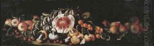 Cherries, apples, pears, peaches, mushrooms and a watermelon on a ledge by Michele Pace Del (Michelangelo di) Campidoglio