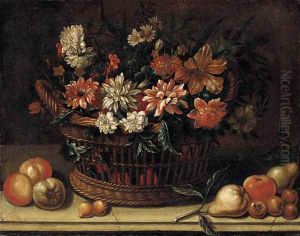 Flowers in a wicker basket with pears, onions and apples on a stone ledge by Michele Pace Del (Michelangelo di) Campidoglio