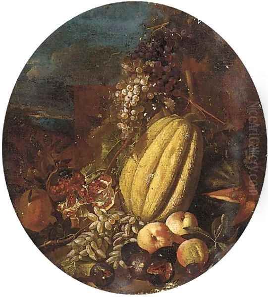 Melons, pomegranates, grapes, figs and apples in a clearing - view 1