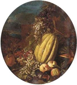 Melons, pomegranates, grapes, figs and apples in a clearing by Michele Pace Del (Michelangelo di) Campidoglio