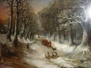 A Tree Lined Road In Winter, With Horse Andwagon And Figures by Charles Leaver
