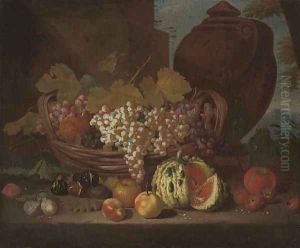 Red and white grapes on the vine in a basket Red and white grapes on the vine in a basket