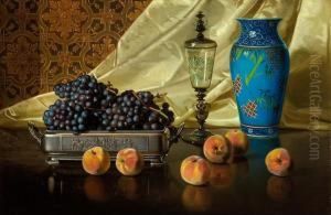 Still Life With Peaches And Grapes In A Silver Dish by Edward Chalmers Leavitt