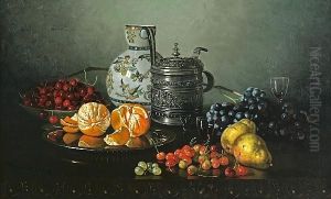 Still Life Of Cherries, Grapes, Oranges, Pears, A Vase And A Stein On A Table