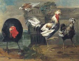 Two crested chickens, a turkey and a dove in an architectural landscape by Pieter Casteels