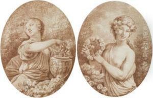Allegorie Du Printemps Tenant 
Une Couronne; Et Allegorie De L'automne Pressant Une Grappe De Raisins