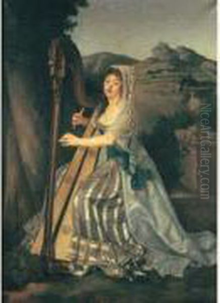 Portrait De Mademoiselle Forbin De Gardanne Jouant De La Harpe Sur Fond De Paysage - view 1