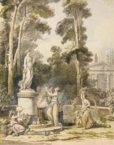 Des Jeunes Femmes Apportant Des Fleurs A Une Statue De Flore Dansun Paysage by Jean Jacques Francois Le Barbier