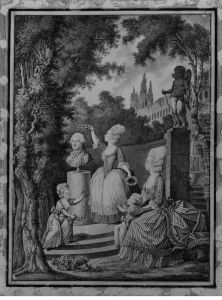 A Family Honoring A Monument Of Their Father In A Garden A Family Honoring A Monument Of Their Father In A Garden