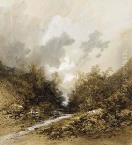 Femme Assise Et Son Chien Au Bord D'une Riviere by Hippolyte Gabriel Lebas