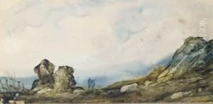 Deux Personnages Sur La Plage A Maree Basse by Hippolyte Gabriel Lebas