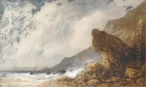 Paysage Cotier Avec Un Voilier Pres Des Rochers by Hippolyte Gabriel Lebas