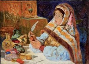 Jeune Fille Decorant Des Oeufs De Paques by Klavdiy Vasilievich Lebedev