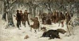 Grose Jagdgesellschaft Im Verschneiten Wald by Klavdiy Vasilievich Lebedev